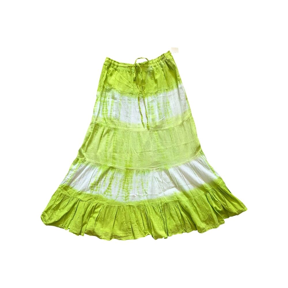 Uniti Casuals 100% Cotton Green Tie Dye Tiered Drawstring Maxi Skirt Sz L NWT